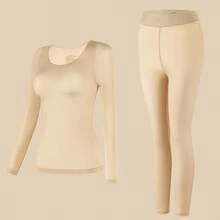 2-Piece Women's Thermal Underwear Set For Autumn And Winter: Women's Top + Pants Adult Round Neck Underwear Set - 杏色 - 查看 6