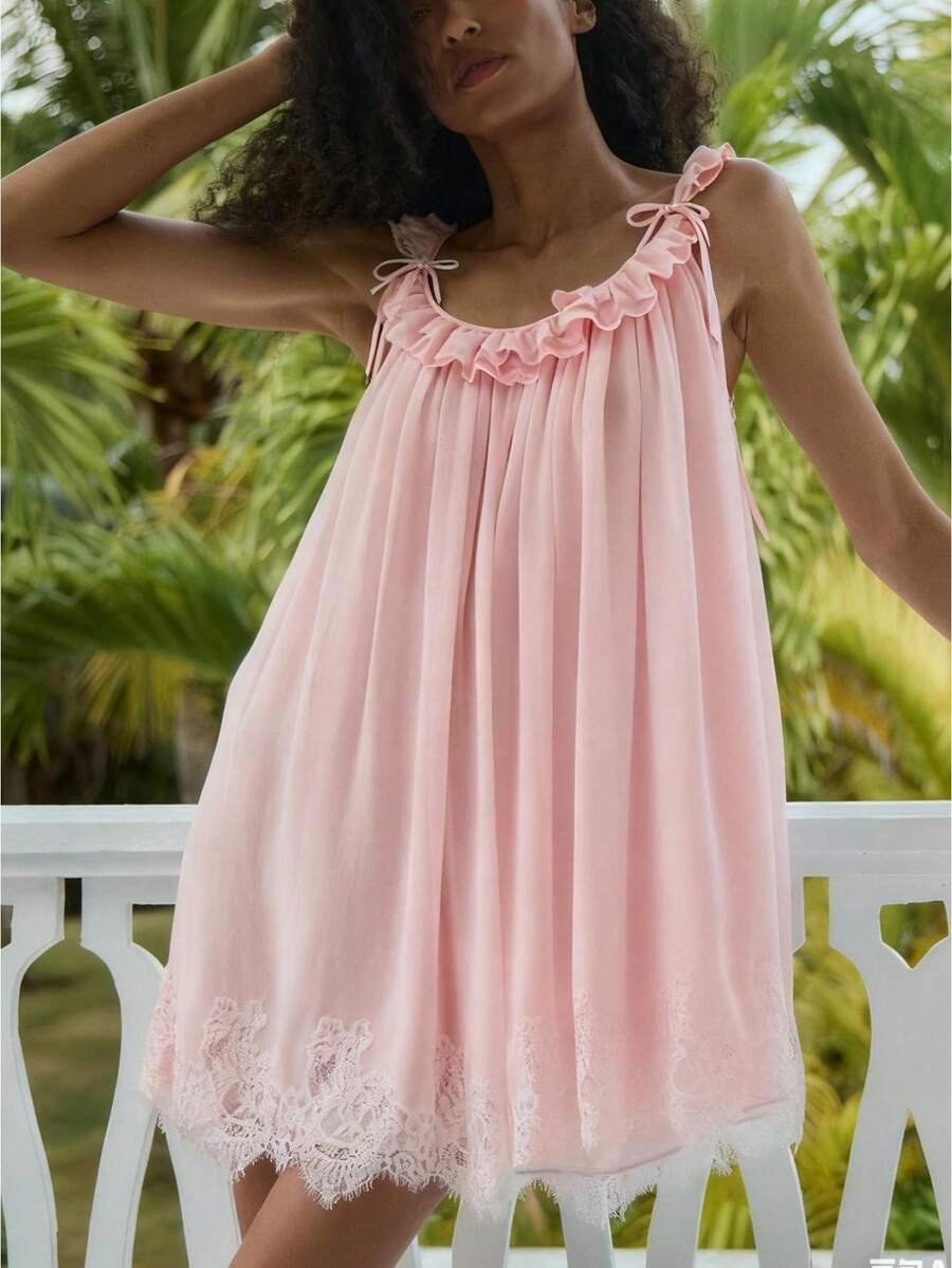 Women's Sleepwear Lace Nightdress Victorian Vintage Nightgown Loungewear Pajamas - Hồng - Xem 1