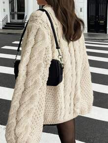 Just Masa 女士春季休闲优雅宽松针织毛衣，圆领长袖麻花针织纯色弹力时尚简约设计基础款中长套头衫，适合通勤、日常穿着、旅行、度假和约会。 - 白色 - 查看 2