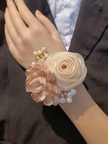 1pc Chest Flower + 1pc Wrist Flower Unisex Rose Flower Print Vintage Elegant Boutonniere & Corsage Set, Champagne Color Camellia Decoration, Suitable For Wedding, Prom, Party, Daily Wear Valentine's Day Accessories - Multicolor - View 16