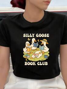 Silly-Goose Buchclub Lustiges Gans und Buchliebhaber T-Shirt Damen T-Shirt Grafik T-Shirts Crop Tops Outfits Tops T-Shirt - Schwarz - Übersicht 8