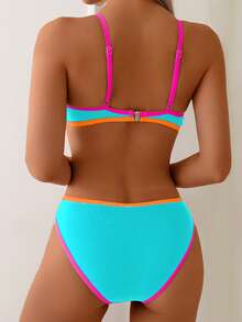 1 Conjunto de Bikini de Dos Piezas para Mujer con Inserto de Malla, Tirantes de Espagueti, Escote en V, Espalda Descubierta, Elegante y Sexy - Azul - Ver 2