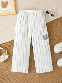 idolCat Boys' Casual Striped Trousers With Teddy Bear Patches For Fall Daily Wear - White - View 1