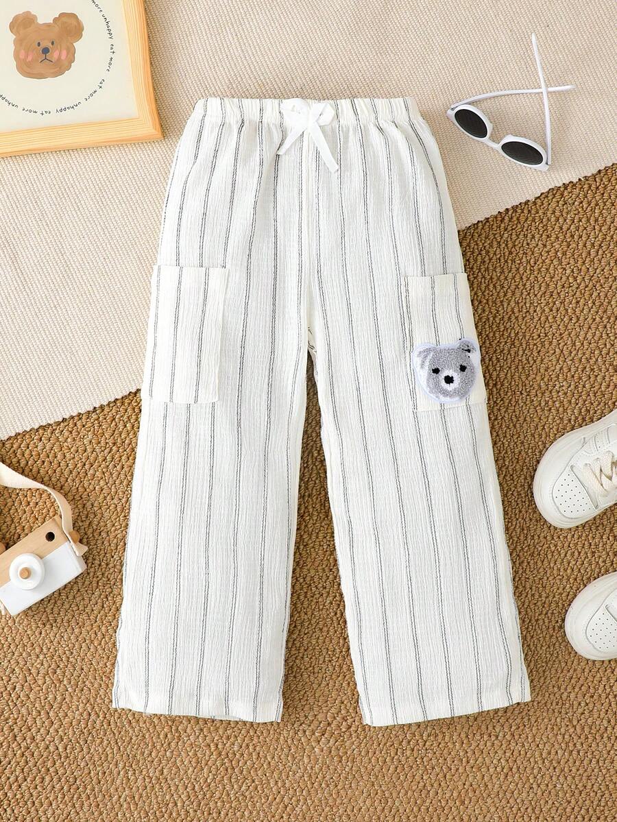 idolCat Boys' Casual Striped Trousers With Teddy Bear Patches For Fall Daily Wear - White - View 1