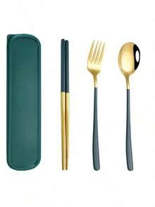 4-Piece Portable Stainless Steel Cutlery Set, Dishwasher- Reusable Utensil Set, Including Fork, Spoon, Chopsticks With Case (Gold Green) - Olive Green - View 2