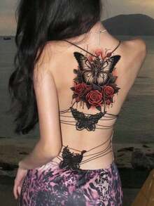1pc Red Rose & Butterfly Flower Sexy Pattern Body Temporary Tattoo Sticker For Shoulder, Chest & Back - Nhiều màu - Xem 1