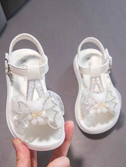 1双女童平底凉鞋，夏季新款可爱蝴蝶结设计，软底防滑，适合小女孩沙滩穿着，大童公主鞋，适合生日派对