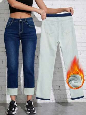 Autumn Winter Warm Thick Mid Waist Simple Washed Stretch Straight Leg Jeans For Daily Office And Casual Outings