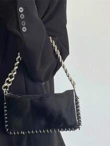 Túi đeo vai dây xích cá tính, cổ điển, đơn giản và đa năng, màu trơn thanh lịch, phong cách nước ngoài, nhẹ, dây đeo vai có thể điều chỉnh, phù hợp cho dạo phố, chụp ảnh, dự tiệc, đi làm và mua sắm. - màu đen - Xem 4