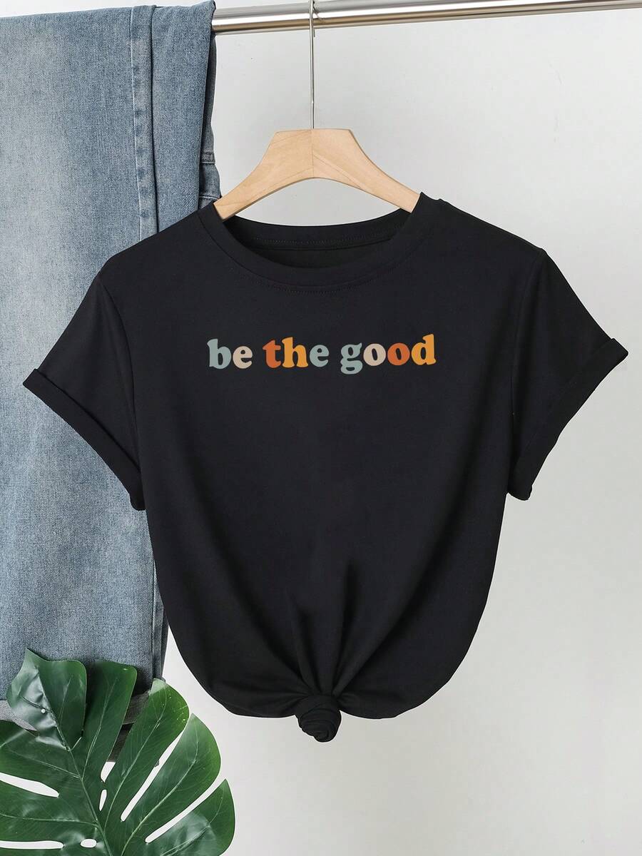 Casual Versatile Solid Color Round Neck Short Sleeve T-Shirt - Black - View 1