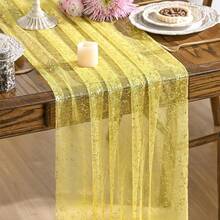 Light Yellow Gold Gauze Table Runner 120 Inch 10FT, Glitter Metallic Foil Sheer Dining Wedding Anniversary Holiday Birthday Table Decor For Home Party,28inchx120inch,Yellow - Màu vàng - Xem 1
