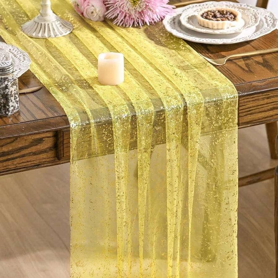 Light Yellow Gold Gauze Table Runner 120 Inch 10FT, Glitter Metallic Foil Sheer Dining Wedding Anniversary Holiday Birthday Table Decor For Home Party,28inchx120inch,Yellow - Màu vàng - Xem 1