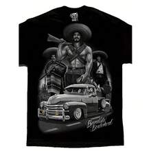 Bandido Chicano Lowrider Art Men'S T-Shirt - Vintage Mexican Lowrider Car Graphic Tee With Bandoleros - Black Streetwear Shirt For Car Enthusiasts & Chicano Culture Fans - David Gonzales DGA Designer Men'S Apparel, Allseason Apparel, Classic Round Neck, Regular Fit Shirt, Casual Wear, Retro Design, Durable Material, Urban Style - Black - View 1