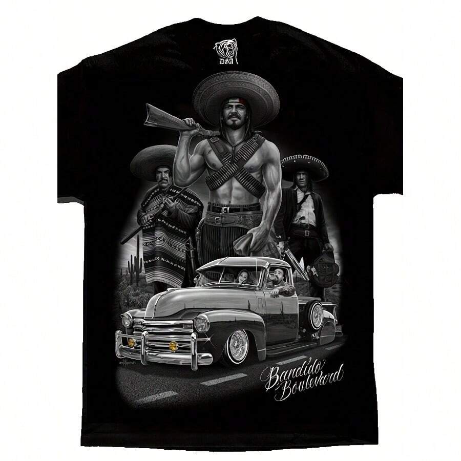 Bandido Chicano Lowrider Art Men'S T-Shirt - Vintage Mexican Lowrider Car Graphic Tee With Bandoleros - Black Streetwear Shirt For Car Enthusiasts & Chicano Culture Fans - David Gonzales DGA Designer Men'S Apparel, Allseason Apparel, Classic Round Neck, Regular Fit Shirt, Casual Wear, Retro Design, Durable Material, Urban Style - Black - View 1