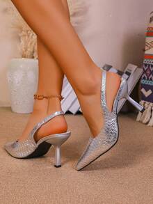 Sandalias de tacón de gatito de punta afilada para mujer - Plateado - Ver 5