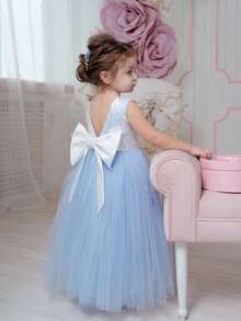 Young Girl With Blue Lace Long Skirt And Elegant Dress, With Large Bow Decoration On The Back, Suitable For Flower Children's Weddings, Birthday Parties, Hosts, Stage Performances And Other Important Occasions. The Skirt Is Very Noble. After Wearing It, The Little Girl Is Very Cute And Elegant. - Blue - View 1