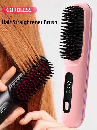 PinkSings Cepillo alisador inalámbrico con pantalla LCD y temperatura ajustable, cepillo alisador portátil y mini para viajes, peine caliente de iones negativos para el peinado de mujeres, anti-quemaduras, con revestimiento cerámico