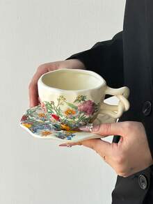 1pc Floral & Bird Lily Of The Valley Ceramic Coffee Cup, Minimalist Ins Style Curved Handle Coffee Cup, Elegant Afternoon Tea Cup, Creative Asymmetrical Handmade Cup & Saucer, Can Be Used As Dessert, Fruit Plate, Breakfast Oatmeal, Latte, Commercial Creative Coffee Cup, Mug, Tea Cup, Water Cup, Gift - Multicolor - View 3