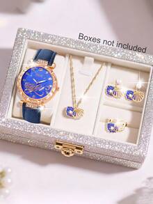 一套时尚清新的贝壳镂空吊坠项链、耳环和戒指首饰套装，搭配一块心形表盘、水晶镶嵌表壳的女士石英手表，适合日常佩戴、生日礼物、派对、节日聚会等场合，是送给自己或朋友的理想礼物。不含礼盒。