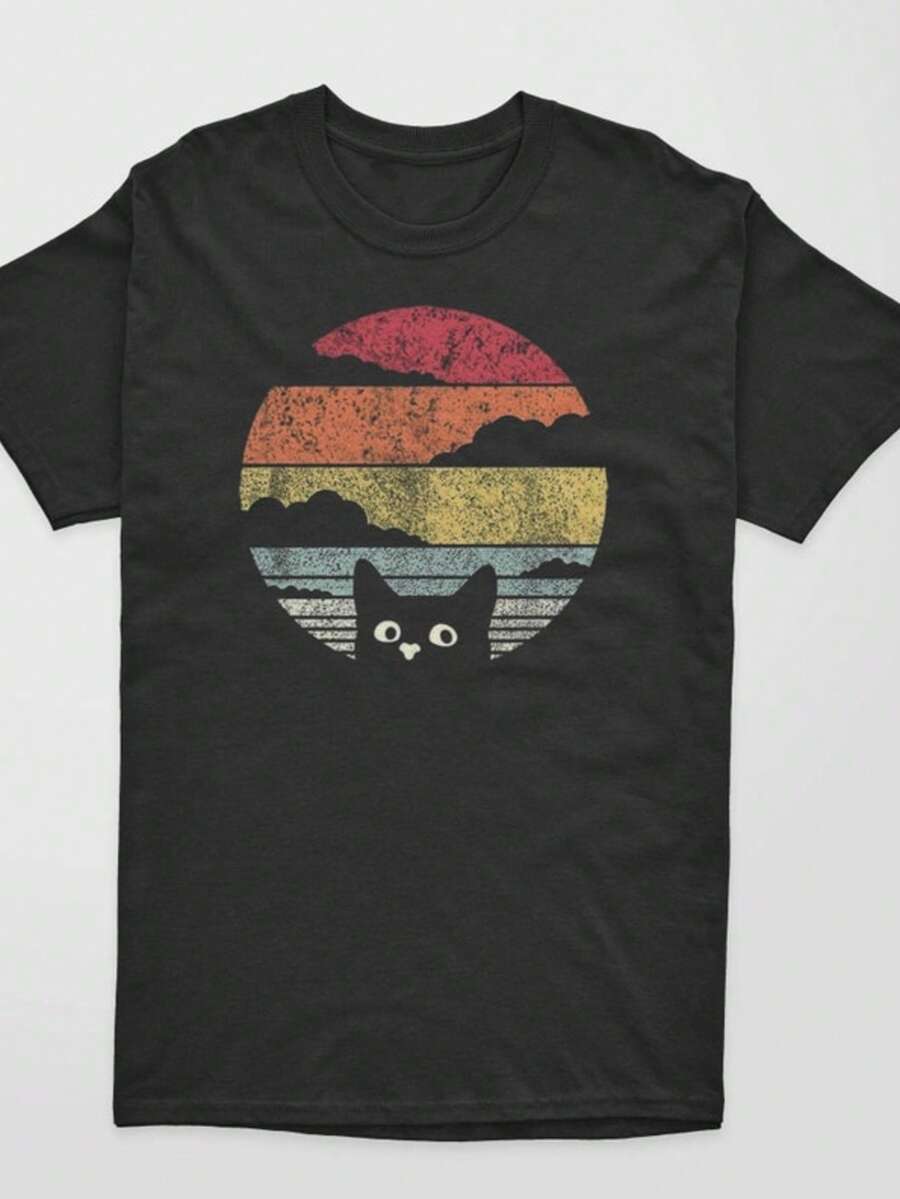 Black Cat Sunset Retro Printed Men's T-Shirt - Black - View 1