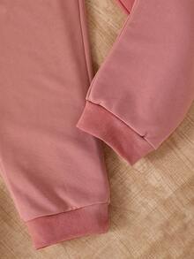 Teen Girl Letter Graphic Hoodie And Elastic Waist Sweatpants Casual Outfit, Autumn/Winter - Apricot - View 5