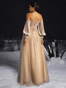 VIPGIRL Vestido de noche elegante de línea A de tul con tirantes finos y manga larga de unicolor simple - Caqui - Ver 2