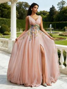 VIPGIRL Váy dạ hội dài bằng vải tuyn cổ chữ V màu hồng đào thanh lịch, váy dạ hội xẻ cao thêu hoa, váy dạ hội công chúa mơ mộng, váy dạ hội và trang trọng cho nữ - Màu Hồng baby - Xem 5