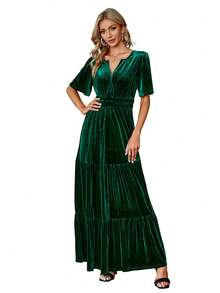 Elegant Ruched Empire Waist Flutter Sleeve Fall Formal Velvet Maxi Dress - 墨綠色 - 查看 1