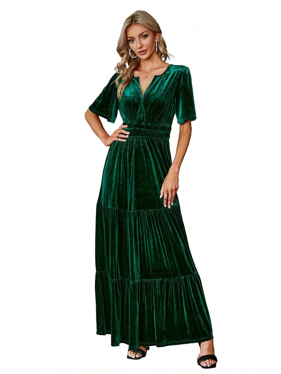 Elegant Ruched Empire Waist Flutter Sleeve Fall Formal Velvet Maxi Dress - 墨綠色 - 查看 1