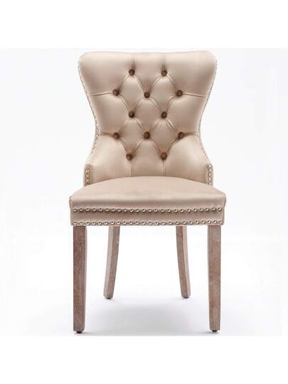 Dining Stoel (Kitchen Chair, Living Room Original Knocker On The Back, Set Of 2), Upholstered Nailhead Solid Wood Legs, Fluwelen Upholstery, Beige view 5