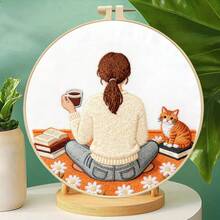 Beginner-Friendly Healing Coffee Girl Embroidery Kit, Pre-Printed Afternoon Coffee Scene Fabric With 20cm Embroidery Hoop, Threads Included, DIY Handcraft Set - Multicolor - View 2