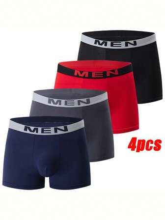4pcs Men's Underwear, Letter Waistband Solid Color Men's Boxer Shorts, Comfortable, Soft And Elastic Underwear, Suitable For All Men's Casual Plus Size Sports Pants, Suitable For Daily Casual Wear, Boyfriend Gift, Men's Durable Boxer Shorts, Valentine's Day Gift For Boyfriend, Men's Gift Creativity