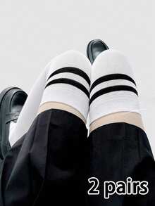 1/2/3双装女士针织过膝长袜，条纹紧身过膝长袜，保暖舒适，适合日常穿着、角色扮演、Y2K风格等场合。 - 白色 - 查看 10