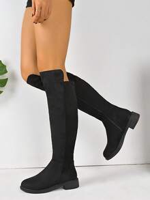 2025 Winter Women's Pointed Toe Suede Side Zipper Knee-High Boots, Versatile Flat Plus Size Over-The-Knee Boots, Thermal Lined Riding Boots - Black Cotton - View 7