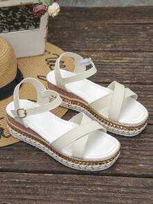 Women's Rivet Decor Criss-Cross Strap Buckle Beige Platform Wedge Sandals, Fashionable Wedge High Heels, Resort Style For Summer Daily Wear - Beige - View 7