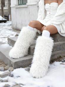 Women's Snow Boots Women's Furry Fur Boots Mid Calf Boots Fuzzy Fluffy Slip On Suede Warm Fur Lined Booties Christmas Halloween Fashion Comfortable Outfit Boots - 米色 - 查看 6