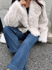 山茶花新款秋冬仿狐狸毛领时尚短外套，青春洋溢的人造毛皮效果 - 米色 - 查看 6