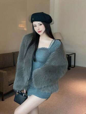 Women's New Faux Fur V-Neck Coat, Minimalist Furry Jacket, Autumn/Winter