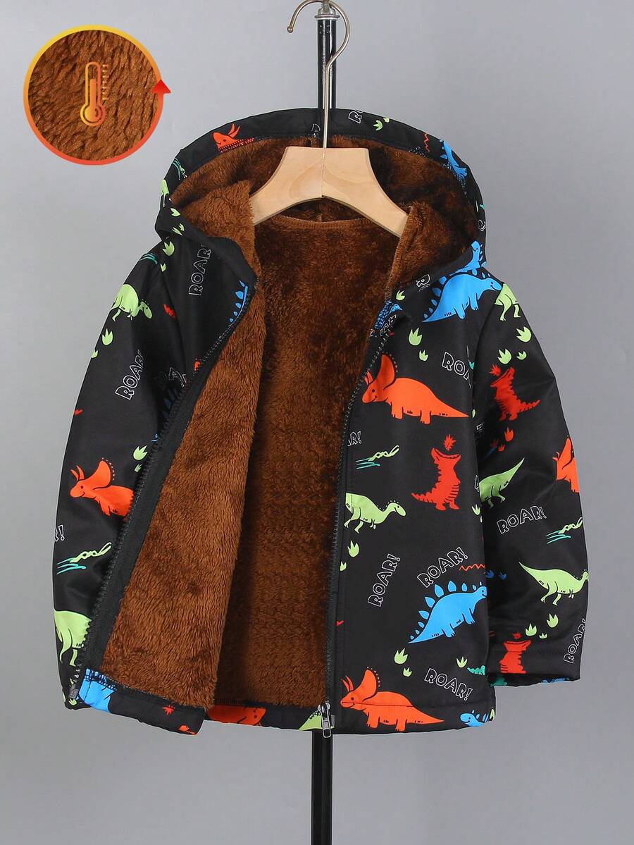 男童恐龙印花保暖连帽拉链外套，时尚街头风休闲外套，适合秋冬季穿着