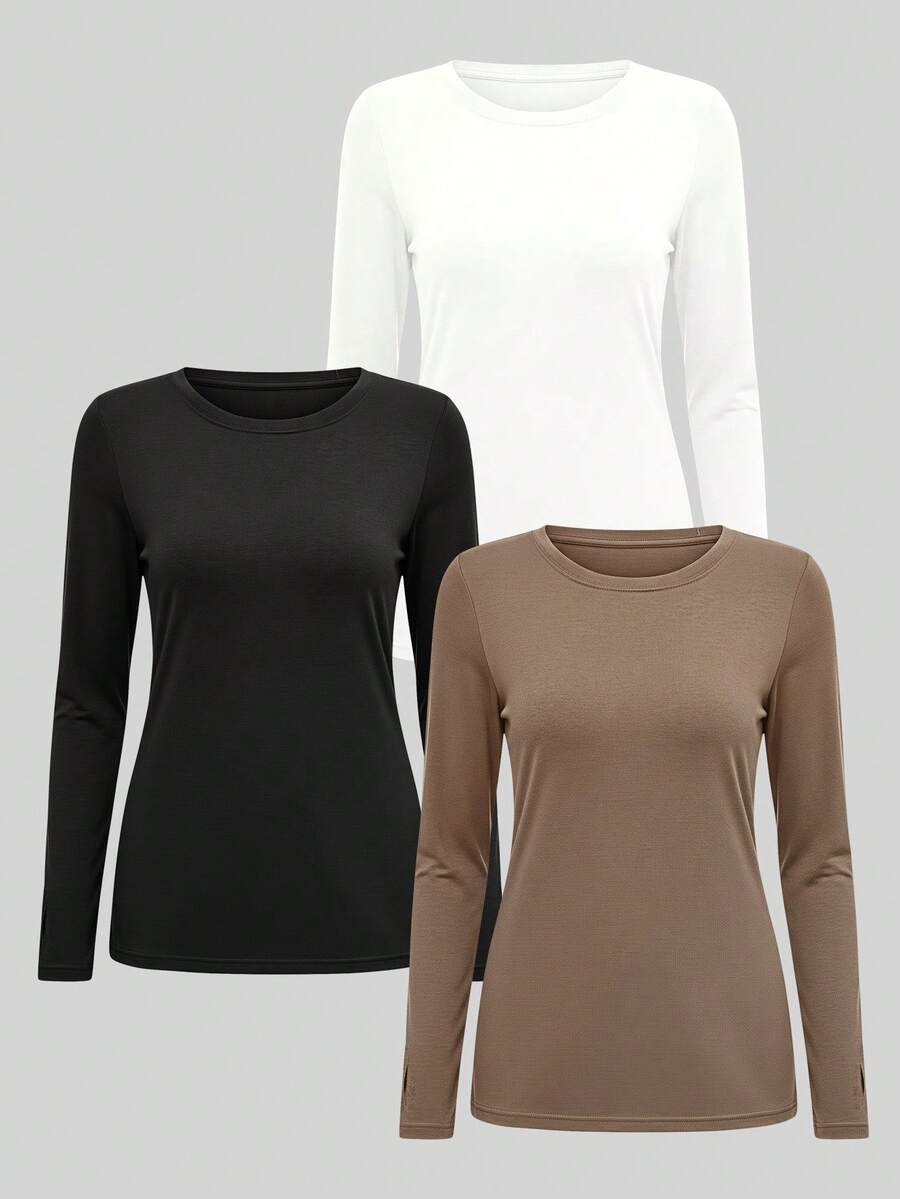 Fisoew 3 Pack Long Sleeve Workout Shirts For Women, Sun Protection Tops With Thumb Hole, Fitted Crewneck Yoga Running Tees, Breathable Stretchy Activewear Sets - 黑白淺棕 - 查看 1