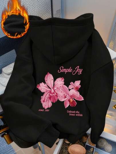 Sudadera con capucha de manga larga con estampado floral, cordón y bolsillos para mujer. Cómoda y holgada, perfecta para uso diario y ropa de invierno de moda.