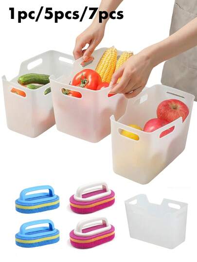 1pc/5pcs Semi-Transparent Handheld Storage Basket, Refrigerator Storage Soft Basket, Suitable For Storing Fruits, Vegetables, Cleaning Supplies, Sponges And Other Household Items In The Refrigerator, Helpful Household Organizer.