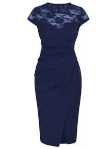 1 chiếc đầm nữ kiểu dáng thường ngày thoải mái, thanh lịch, có mũ, tay dài, phối ren, eo nhún, thích hợp cho tiệc cocktail, dự tiệc trang trọng, xẻ tà phía trước, phù hợp mặc hàng ngày và dự tiệc mùa hè. - Màu xanh hải quân - Xem 6