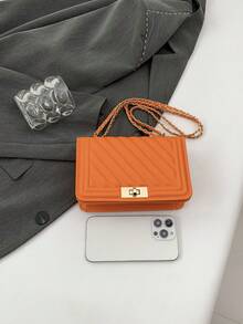 Bolso de hombro mini con estampado en relieve de unicolor PU, bolso cruzado de transporte urbano, bolso cuadrado pequeño minimalista de mujer con cadena - Naranja - Ver 7