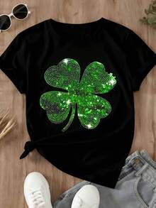 St Patricks Day Sparkle Shamrock Sequin T Shirt Women Lucky Clover Print Bling Top Black Short Sleeve Casual Fashion Tee For St Patricks Celebration Party Wear Festive Outfit Green Rhinestone Design Streetwear Style Comfortable Fit Soft Cotton Material Plus Size Available Modern Holiday Apparel Gift Idea - 黑色 - 查看 3