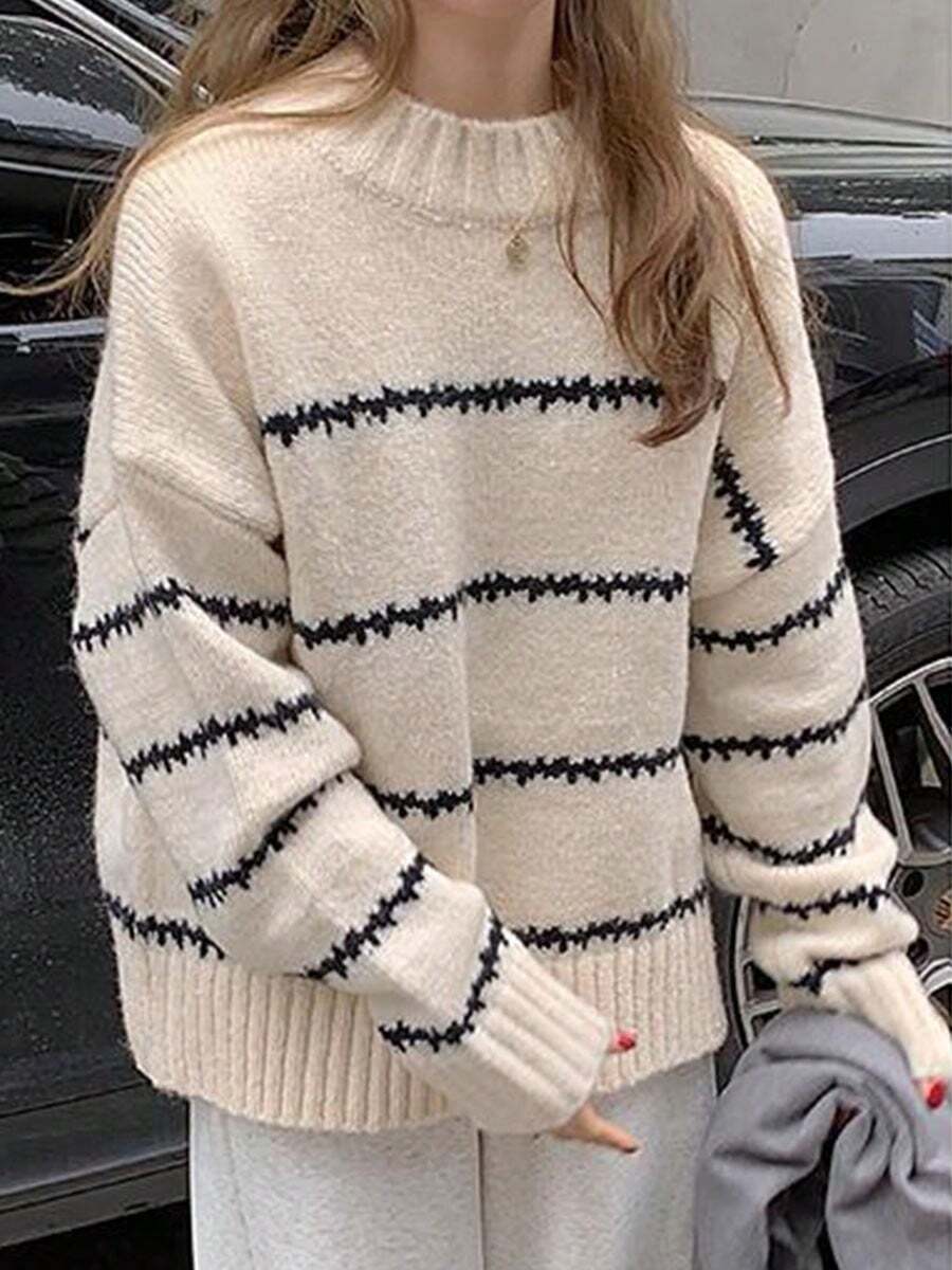 Jerséis de punto para mujer Nuevo otoño/invierno Prenda de punto a rayas Suéter de cuello redondo Prenda exterior Top - Blanco - Ver 1