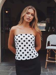 Women Dot Print Tube Tops Slim Off Shoulder Sleeveless Open Back Crop Shirts  Summer Streetwear - 白色 - 查看 4