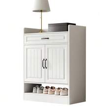 Scarpiera moderna con ripiani regolabili, maniglie nere e un cassetto; scarpiera a 2 ante, bianca, L75/P36/A95,5 cm (L*P*A) - Bianco - Visualizzare 1