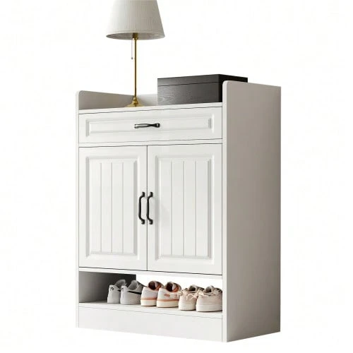 Scarpiera moderna con ripiani regolabili, maniglie nere e un cassetto; scarpiera a 2 ante, bianca, L75/P36/A95,5 cm (L*P*A) - Bianco - Visualizzare 1