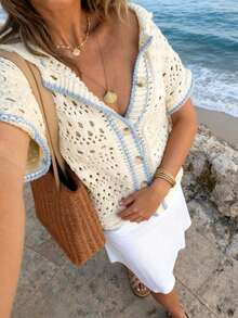 Áo khoác cardigan tay ngắn phối màu phong cách bohemian dành cho nữ cỡ lớn, thích hợp cho kỳ nghỉ biển, những dịp ăn trưa, mùa xuân. - Màu be - Xem 2